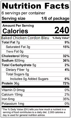 Baked Chicken Cordon Blue nutrition label