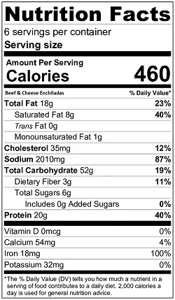 Beef and Cheese Enchiladas nutrition label