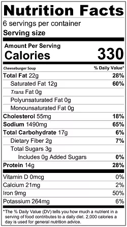 Cheeseburger Soup nutrition label