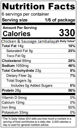 Chicken and Sausage Jambalaya nutrition label