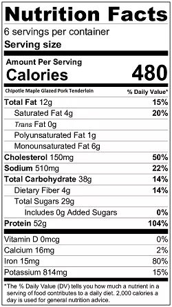 Chipotle-Maple Pork Tenderloin nutrition label