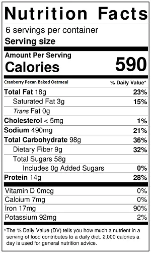 Cranberry Pecan Baked Oatmeal nutrition label