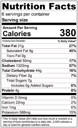 Creamy Corn Chowder nutrition label