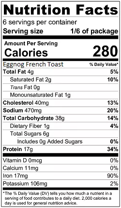 Eggnog French Toast nutrition label