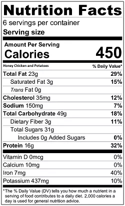 Honey Chicken and Potatoes nutrition label