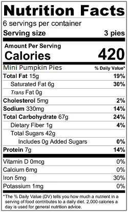 Individual Pumpkin Pies nutrition label