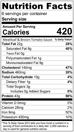 Meatloaf with Brown Sugar Tomato Sauce nutrition label