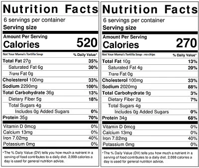Not Your Mama's Tortilla Soup nutrition label