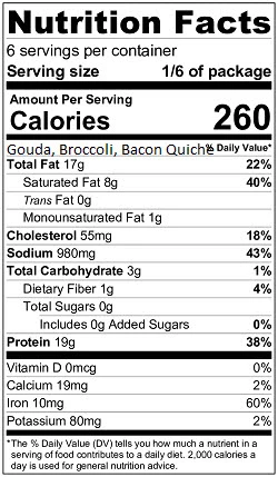 Smoked Gouda & Broccoli Quiche nutrition label