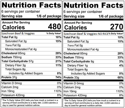 Szechwan Beef and Vegetables nutrition label