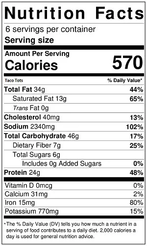 Taco Tots nutrition label
