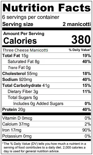 Three Cheese Manicotti nutrition label